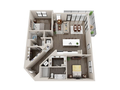 Floor plan for 2 beds, 2 baths, 1360 sqft